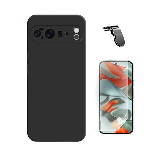 Kit Película Hydrogel Frente + Capa Silicone Líquido + Suporte L PHONECARE Para Google Pixel 10 Pro - Preto