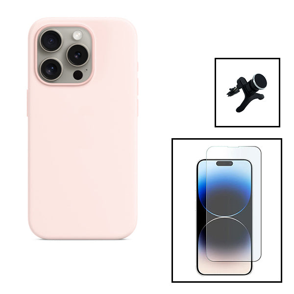 Kit Vidro Clearglass + Capa Silicone Líquido + Suporte Magnético de Carro Reforçado para Apple iPhone 15 Pro - Rosa