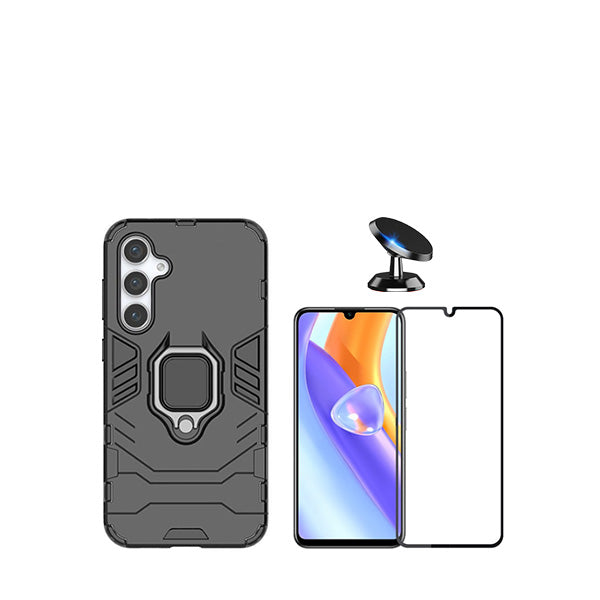 Kit Vidro Premium Full Cover + Capa 3X1 Military Defender + Suporte Magnético de Carro para Samsung Galaxy A25 - Preto