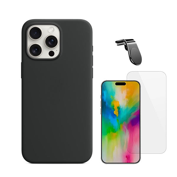 Kit Vidro Clearglass + Capa Silicone Líquido + Suporte Magnético L Safe Driving para Apple iPhone 16 Pro - Preto