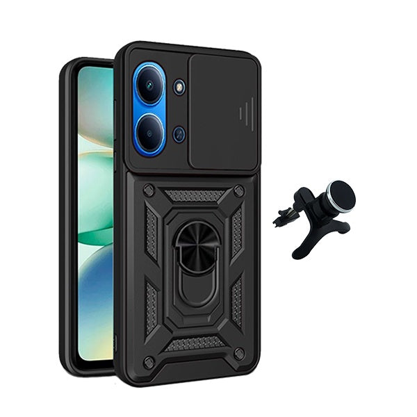 Kit Suporte Reforçado + Capa Magnetic Slide Window PHONECARE Para Xiaomi Poco C85 - Preto