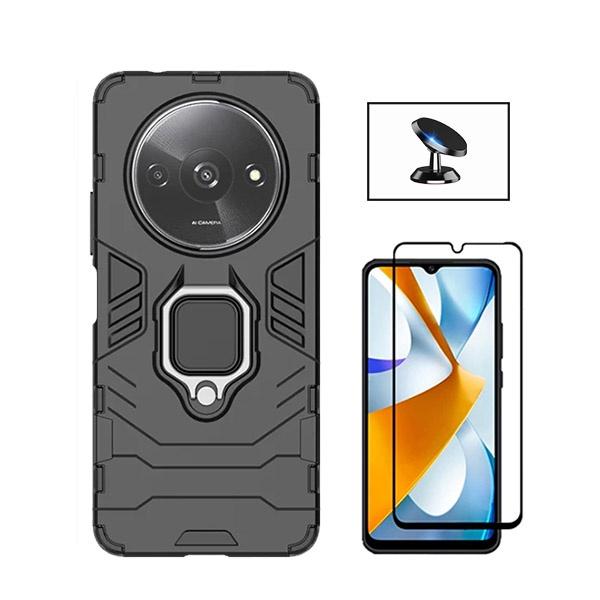 Kit Vidro Premium Full Cover + Capa 3X1 Military Defender + Suporte Magnético de Carro para Xiaomi Redmi A3 - Preto
