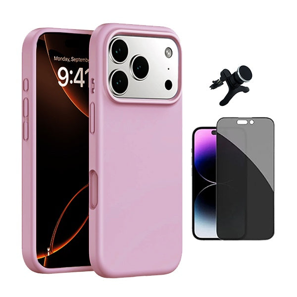 Kit Vidro Anti-Spy + Capa Silicone Líquido + Suporte Magnético Reforçado PHONECARE Para Apple iPhone 17 Pro Max - Rosa