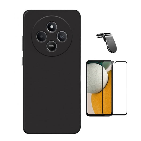 Kit Vidro Temperado + Capa Silicone Líquido + Suporte L Phonecare Para Xiaomi Redmi 14C 5G - Preto