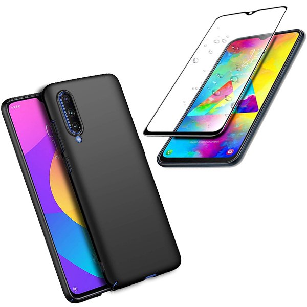 Kit Vidro Premium Full Cover + Capa Silicone Líquido Preto para Xiaomi Redmi Note 8