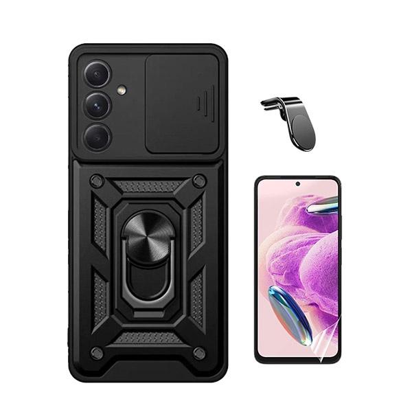 Kit Película Hydrogel Full Cover Frente + Capa Magnetic Military Defender Slide Window Anti-Impacto + Suporte Magnético L Safe Driving Carro para Samsung Galaxy A55 5G - Preto