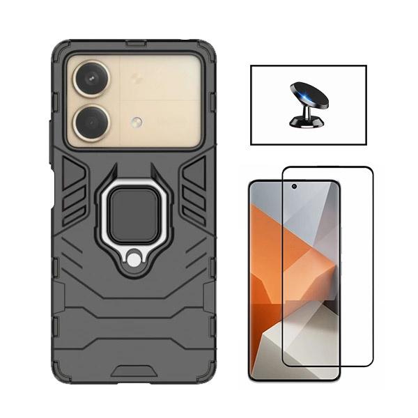 Kit Vidro Premium Full Cover + Capa 3X1 Military Defender + Suporte Magnético de Carro para Xiaomi Poco X6 Neo - Preto