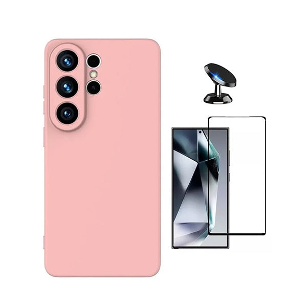 Kit Vidro Temperado + Capa Silicone Líquido + Suporte Magnético PHONECARE Para Samsung Galaxy S26 Ultra - Rosa