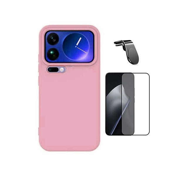 Kit Vidro Temperado + Capa Silicone Líquido + Suporte L PHONECARE Para Xiaomi 17 Pro 5G - Rosa