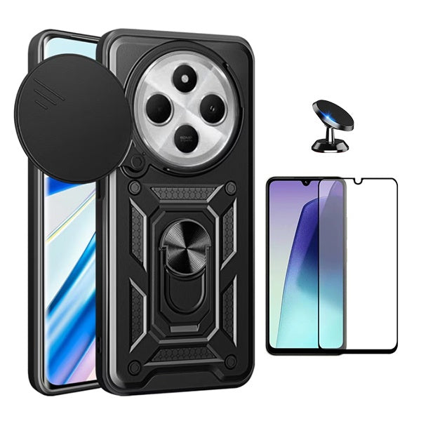 Kit Vidro + Capa Magnetic Slide Window + Suporte Magnético Phonecare Para Xiaomi Redmi 14C - Preto