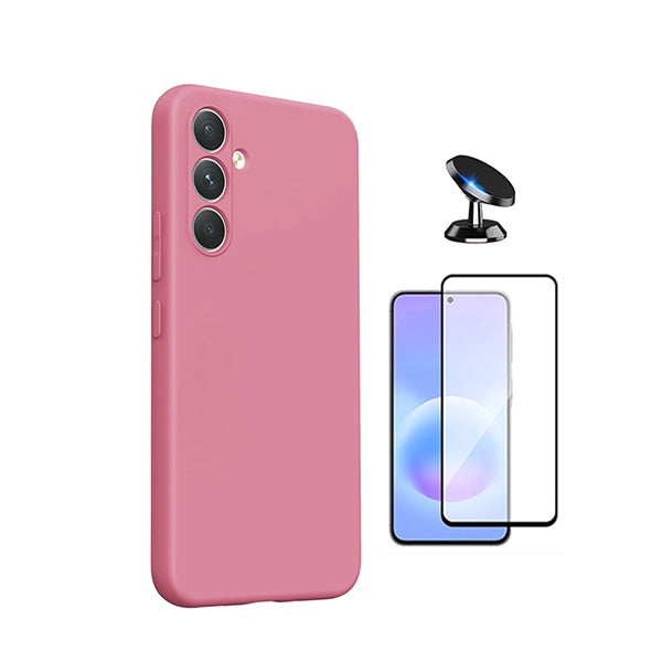Kit Vidro Temperado + Capa Silicone Líquido + Suporte Magnético PHONECARE Para Samsung Galaxy A27 5G - Rosa