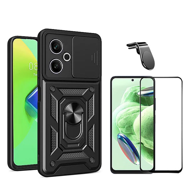 Kit Vidro Premium Full Cover + Capa Magnetic Military Defender Slide + Suporte Magnético L Safe Driving Carro para Xiaomi Redmi 13 - Preto