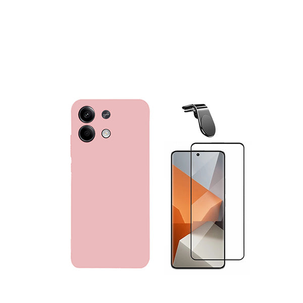 Kit Vidro Premium Full Cover + Capa Silicone Líquido + Suporte Magnético L Safe Driving Carro para Xiaomi Redmi Note 13 - Rosa