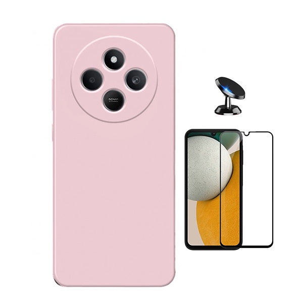 Kit Vidro Temperado + Capa Silicone Líquido + Suporte Magnético Para Xiaomi Redmi 14R - Rosa
