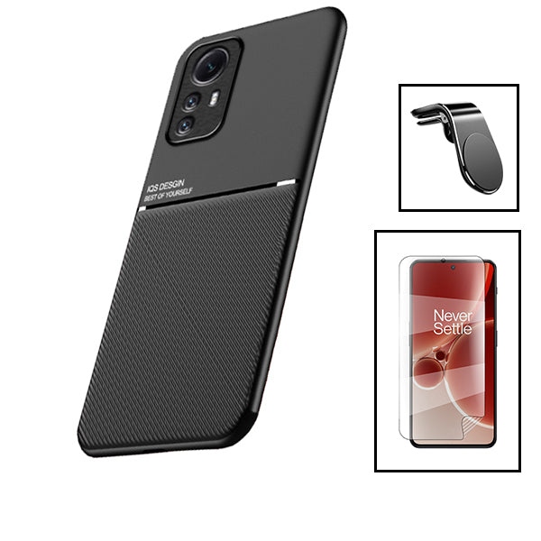 Kit Capa Magnetic Lux + Película Hydrogel Full Cover Frente + Suporte Magnético L Safe Driving para Xiaomi Redmi Note 12S - Preto