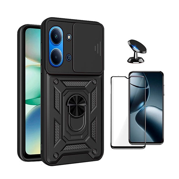Kit Vidro + Capa Magnetic Slide Window + Suporte Magnético PHONECARE Para Xiaomi Poco C85 - Preto