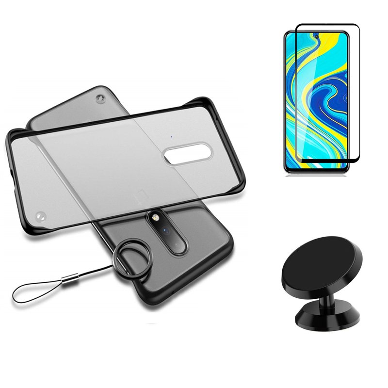 Kit Vidro Premium Full Cover + Capa Invisible Bumper + Suporte Magnético de Carro para Xiaomi Redmi Note 9 Pro