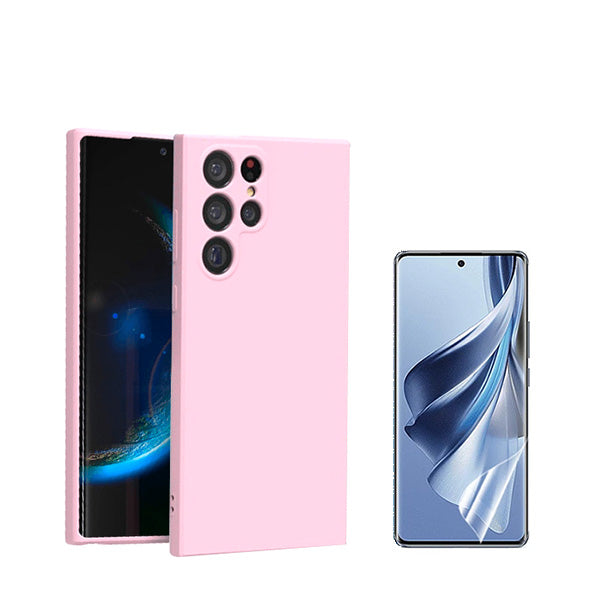 Kit Película Hydrogel Full Cover Frente + Capa Silicone Líquido para Samsung Galaxy S24 Ultra 5G - Rosa