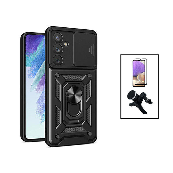 Kit Vidro Premium Full Cover + Capa Magnetic Military Defender Slide Window Anti-Impacto + Suporte Magnético de Carro Reforçado para Samsung Galaxy A34 5G - Preto