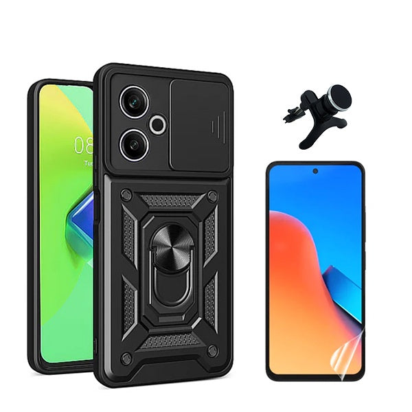 Kit Película Hydrogel Full Cover Frente + Capa Magnetic Military Defender Slide Window + Suporte Magnético de Carro Reforçado para Xiaomi Redmi 13 5G - Preto