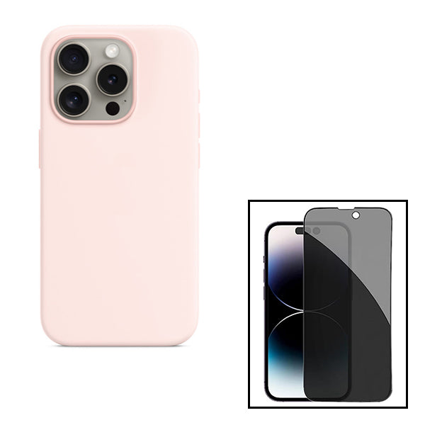 Kit Película de Vidro 5D Anti-Spy + Capa Silicone Líquido para Apple iPhone 15 Plus - Rosa