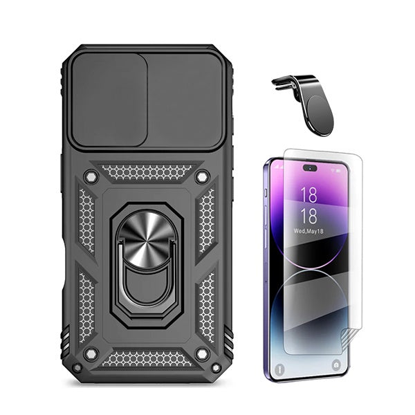 Kit Película Hydrogel Full Cover Frente + Capa Magnetic Military Defender Slide Window + Suporte Magnético L Safe Driving Carro para Apple iPhone 16 Plus - Preto