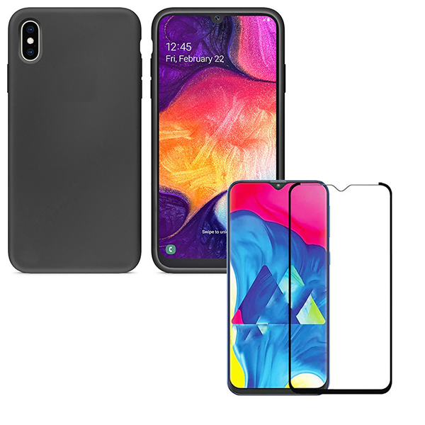 Kit Vidro Premium Full Cover + Capa Silicone Líquido para Samsung Galaxy A10