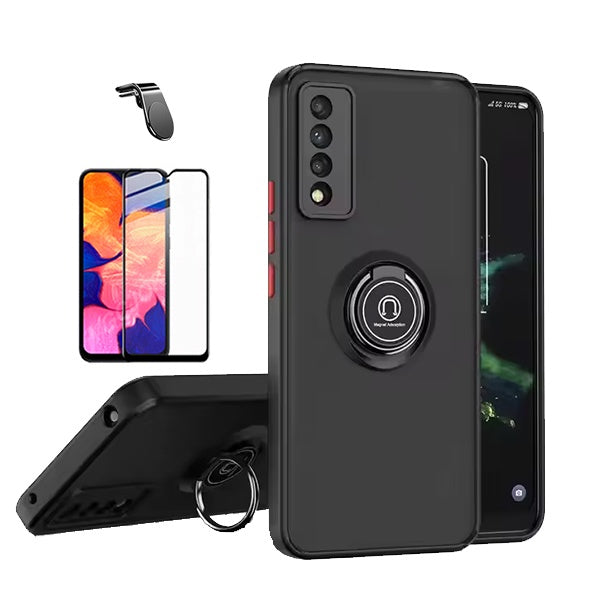 Kit Capa Anti-Impact Clear Armor Ring + Película Vidro + Suporte Magnético L PHONECARE Para Samsung Galaxy A70s - Transparente/Preto