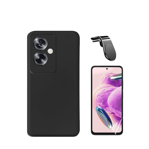 Kit Película Hydrogel Full Cover Frente + Capa Silicone Líquido + Suporte Magnético L Safe Driving Carro para Oppo A79 5G - Preto