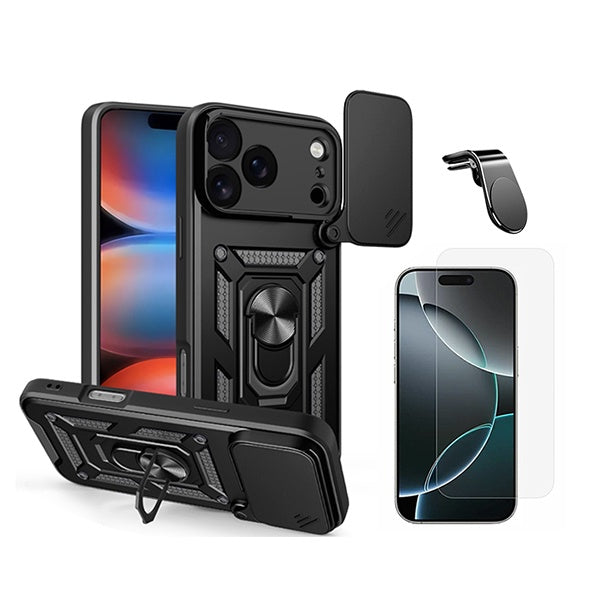 Kit Vidro Clearglass + Capa Magnetic Slide Window + Suporte L PHONECARE Para Apple iPhone 18 Pro - Preto