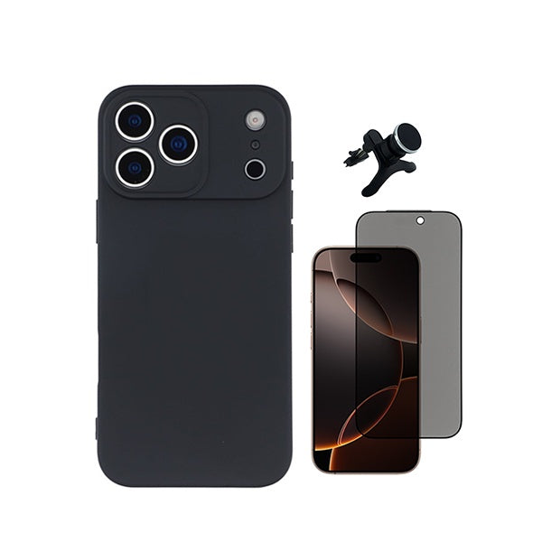 Kit Vidro Anti-Spy + Capa Silicone Líquido + Suporte Magnético Reforçado PHONECARE Para Apple iPhone 18 Pro - Preto