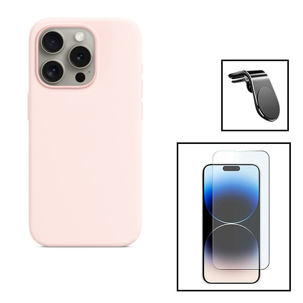Kit Vidro Clearglass + Capa Silicone Líquido + Suporte Magnético L Safe Driving Carro para Apple iPhone 15 Plus - Rosa