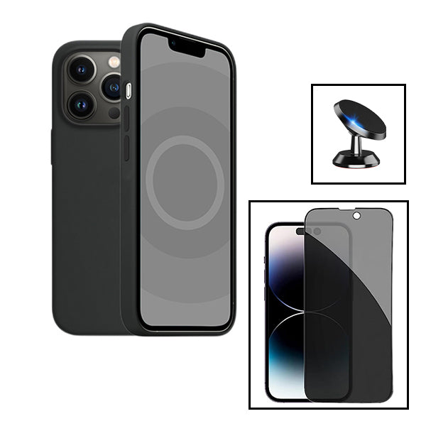 Kit Película de Vidro 5D Anti-Spy + Capa Silicone Líquido + Suporte Magnético de Carro para Apple iPhone 15 Plus - Preto