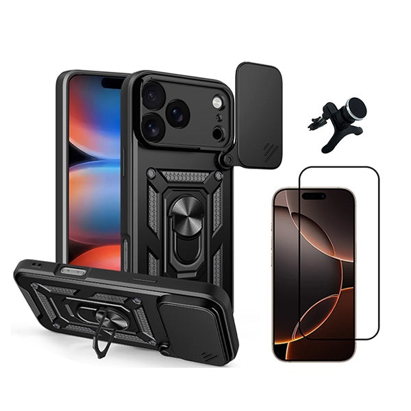 Kit Vidro + Capa Magnetic Slide Window + Suporte Reforçado PHONECARE Para Apple iPhone 18 Pro - Preto
