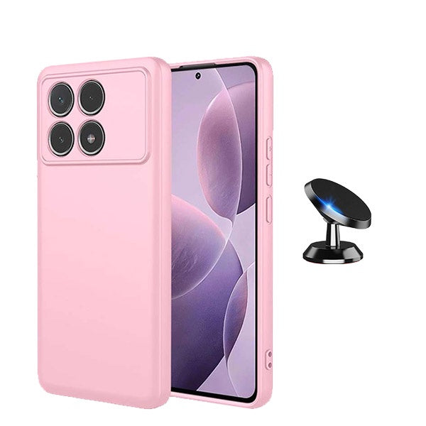 Kit Suporte Magnético de Carro + Capa Silicone Líquido para Xiaomi Poco F6 Pro - Rosa