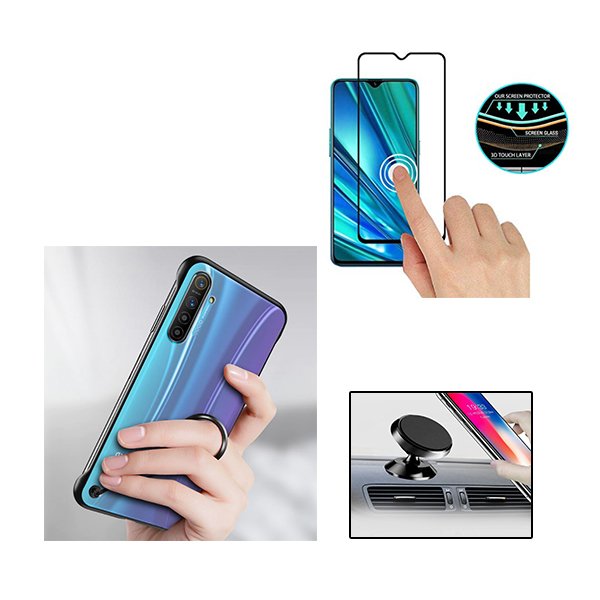 Kit Vidro Premium Full Cover + Capa Invisible Bumper + Suporte Magnético de Carro para Realme 5 Pro