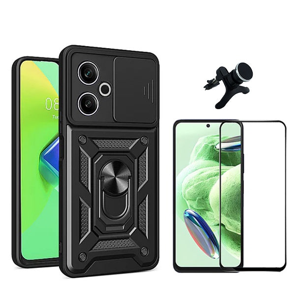 Kit Vidro Premium Full Cover + Capa Magnetic Military Defender Slide + Suporte Magnético de Carro Reforçado para Xiaomi Redmi 13 - Preto