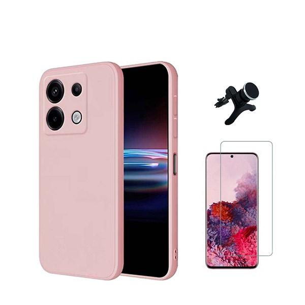Kit Vidro Clearglass + Capa Silicone Líquido + Suporte Magnético de Carro Reforçado para Xiaomi Poco X6 5G - Rosa