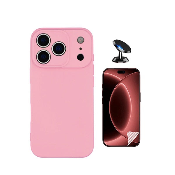 Kit Película Hydrogel Frente + Capa Silicone Líquido + Suporte Magnético PHONECARE Para Apple iPhone 18 Pro - Rosa