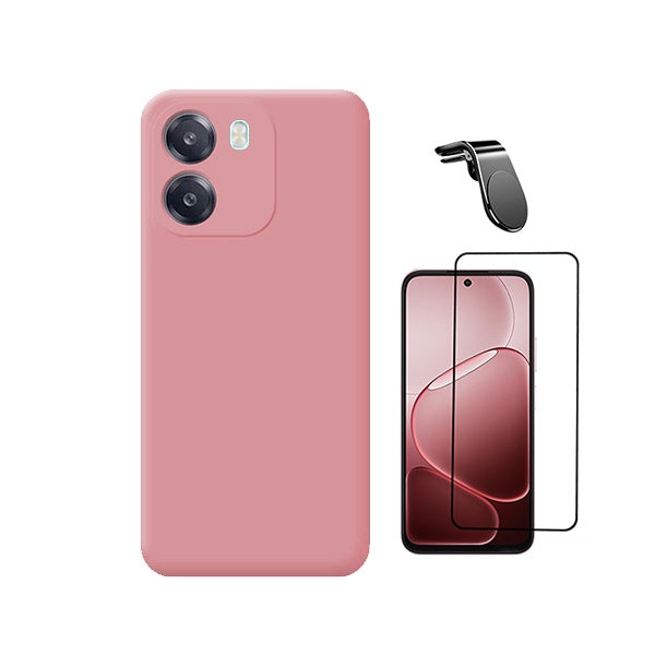 Kit Vidro Temperado + Capa Silicone Líquido + Suporte L PHONECARE Para Oppo A6 - Rosa