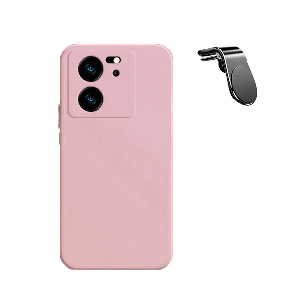 Kit Suporte Magnético L Safe Driving Carro + Capa Silicone Líquido para Xiaomi 13T Pro - Rosa