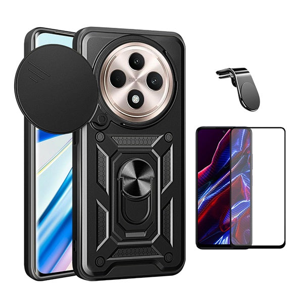 Kit Vidro + Capa Magnetic Slide Window + Suporte L Phonecare Para Oppo Reno12 FS 5G - Preto