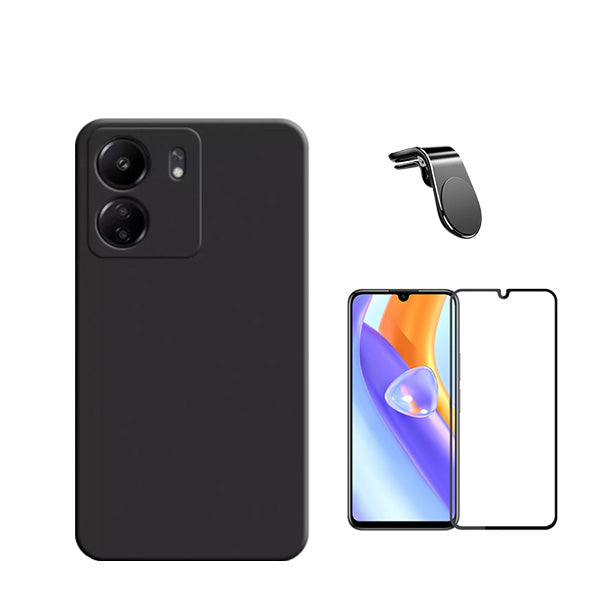 Kit Vidro Premium Full Cover + Capa Silicone Líquido + Suporte Magnético L Safe Driving Carro para Xiaomi Redmi 13C - Preto
