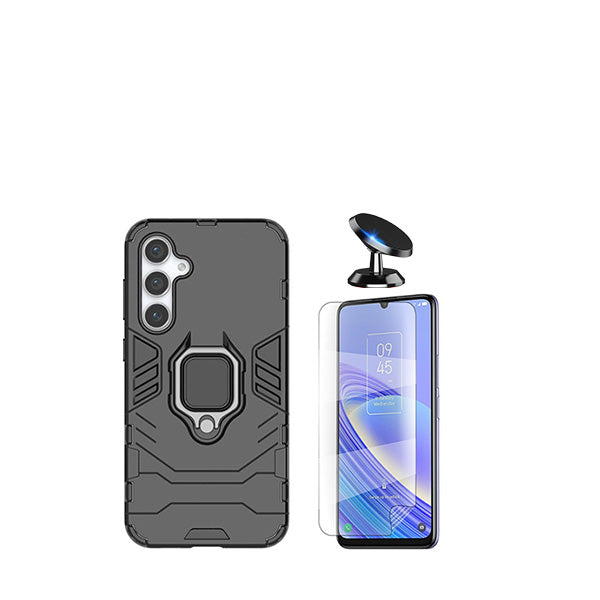 Kit Película Hydrogel Full Cover Frente + Capa 3X1 Military Defender + Suporte Magnético de Carro para Samsung Galaxy A25 - Preto