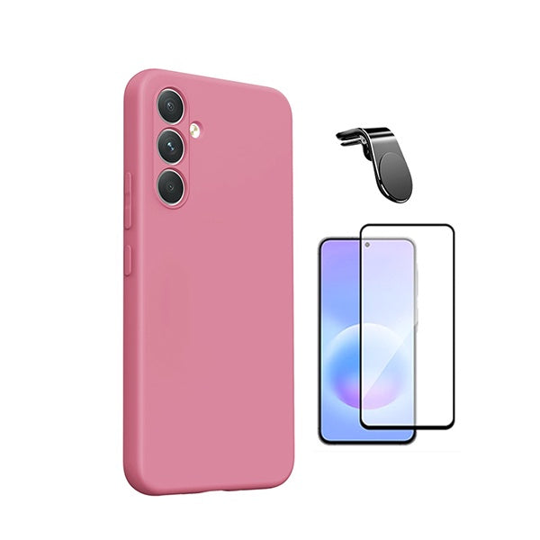 Kit Vidro Temperado + Capa Silicone Líquido + Suporte L PHONECARE Para Samsung Galaxy A27 5G - Rosa