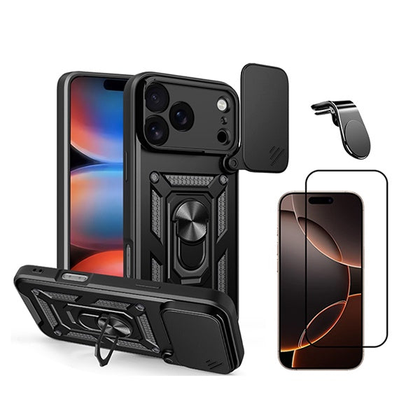 Kit Vidro + Capa Magnetic Slide Window + Suporte L PHONECARE Para Apple iPhone 18 Pro - Preto