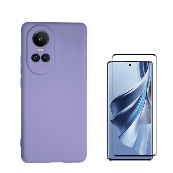 Kit Película de Vidro Temperado Curved + Capa Silicone Líquido para Oppo Reno10 Pro - Roxo