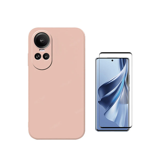 Kit Película de Vidro Temperado Curved + Capa Silicone Líquido para Oppo Reno10 Pro - Rosa