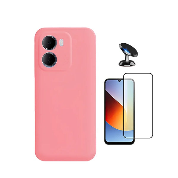 Kit Vidro Temperado + Capa Silicone Líquido + Suporte Magnético PHONECARE Para Xiaomi Redmi 15a - Rosa