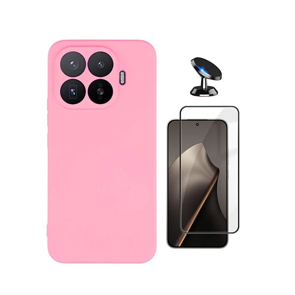 Kit Vidro Temperado + Capa Silicone Líquido + Suporte Magnético PHONECARE Para Xiaomi 17T Pro 5G - Rosa